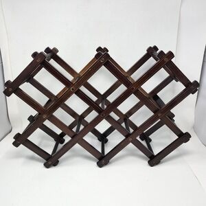 Vtg Dark Wood Countertop Accordion Wine Rack 10 Bottle Expandable Folding Rustic